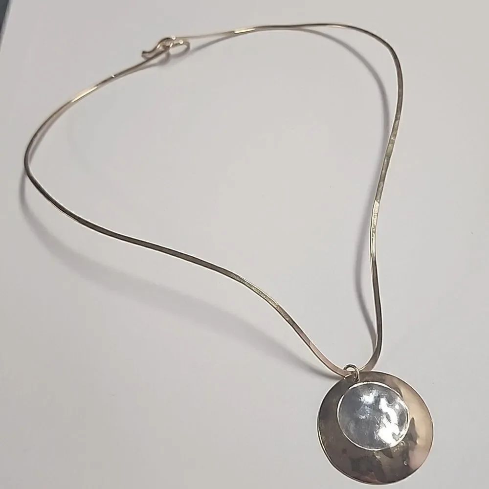 12K GF Signed PJ Sterling 925 Collar Necklace Unique Design Circle Gold Silver